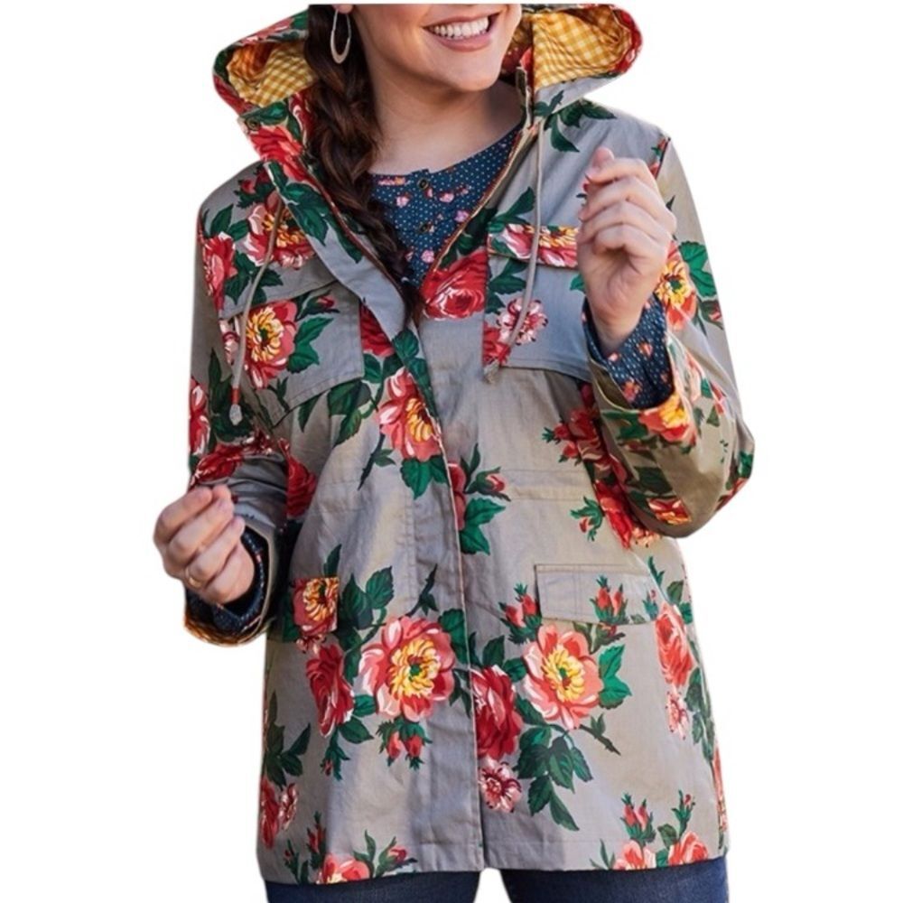 MATILDA JANE Daydream Tut Tut Floral Full Zip Hooded Raincoat in Skies are Gray